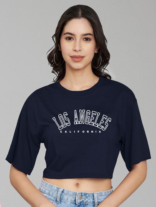 women navy blue typographic printed crop t-shirt - 21102954 - Very Small Image - 1