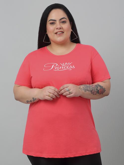 women round neck chest print plus size t-shirt - 21103050 - Very Small Image - 1