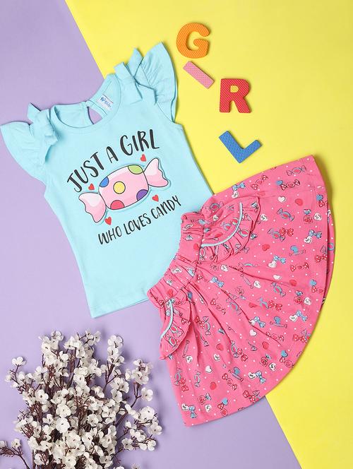 kids blue cotton printed top & skirt set - 21104410 - Very Small Image - 1