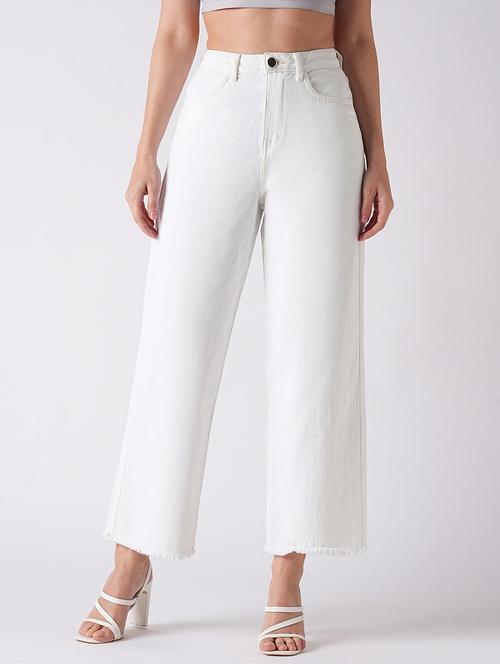 globus women white frayed wide leg mid-rise light shade clean look pure cotton jeans - 21116234 - Very Small Image - 1