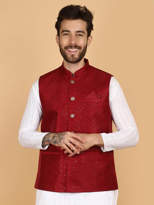red solid with work nehru jacket - 21131063 - Very Small Image - 1