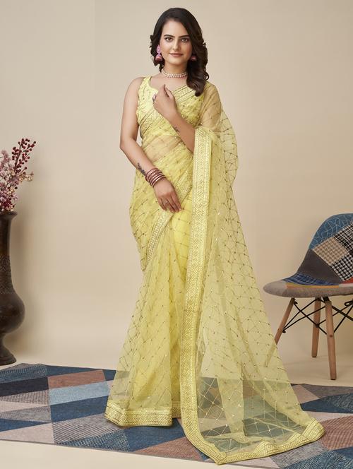 women yellow embroidered saree with blouse - 21134311 - Very Small Image - 1