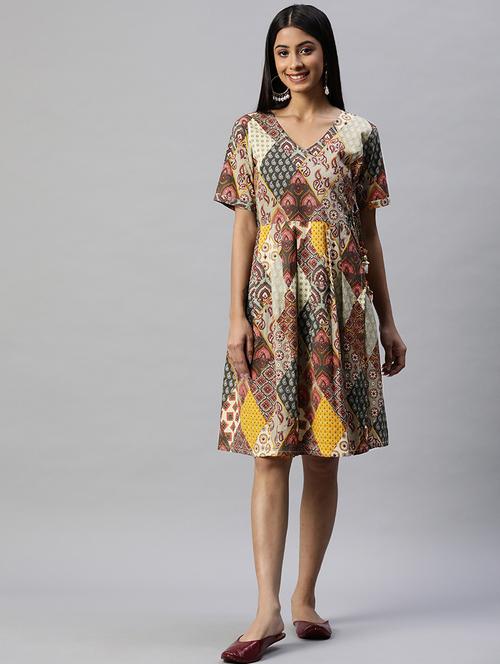 multi coloured printed fit & flare dress - 21134420 - Very Small Image - 1