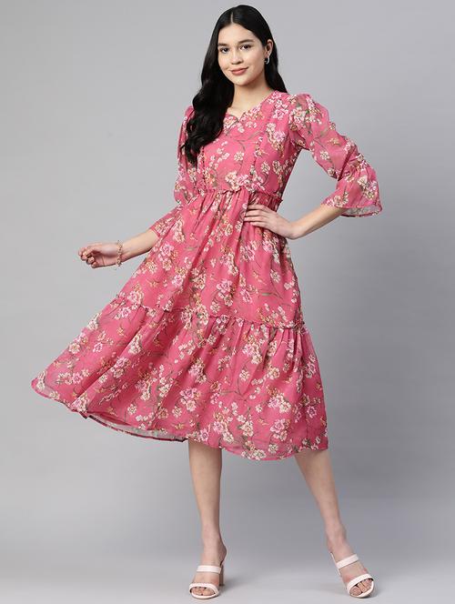 pink floral printed tiered dress - 21134452 - Very Small Image - 1