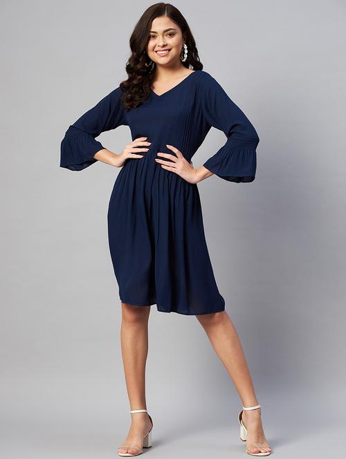 solid navy blue fit & flare dress - 21134484 - Very Small Image - 1