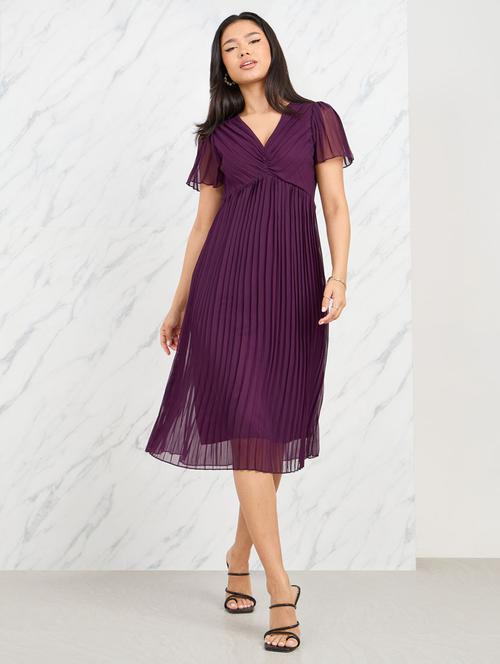 women purple solid short sleeve a-line dress - 21135585 - Very Small Image - 1