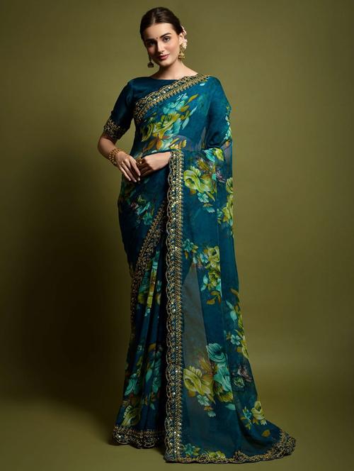 teal floral printed saree with blouse - 21139722 - Very Small Image - 1