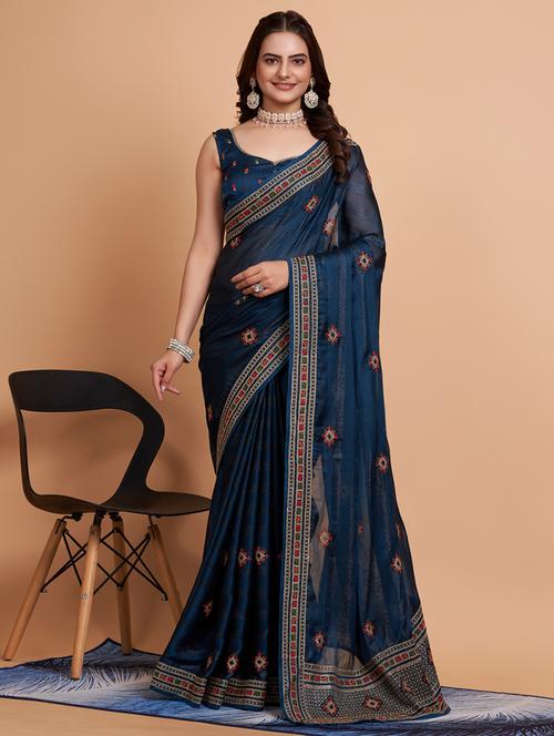 women blue embroidered saree with blouse - 21139765 - Very Small Image - 1
