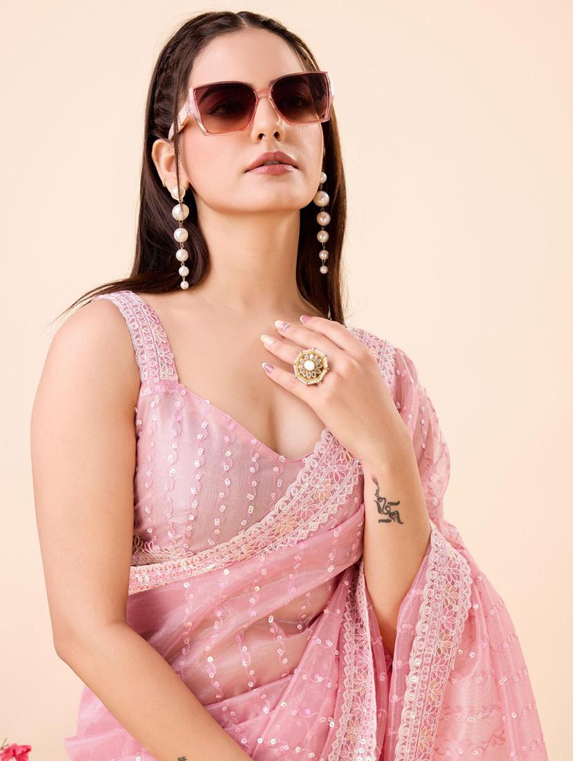 rosewater net embroidered saree with blouse - 21139775 - Zoom Image - 2