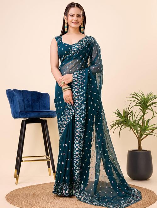teal organza embroidered saree with blouse - 21139785 - Very Small Image - 1