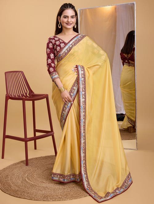 women solid with bordered saree with blouse - 21139811 - Very Small Image - 1