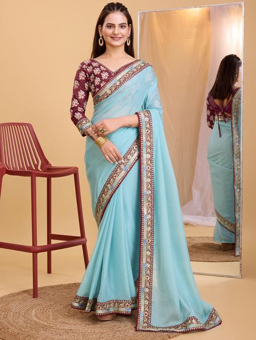 women solid with bordered saree with blouse - 21139812 - Very Small Image - 1