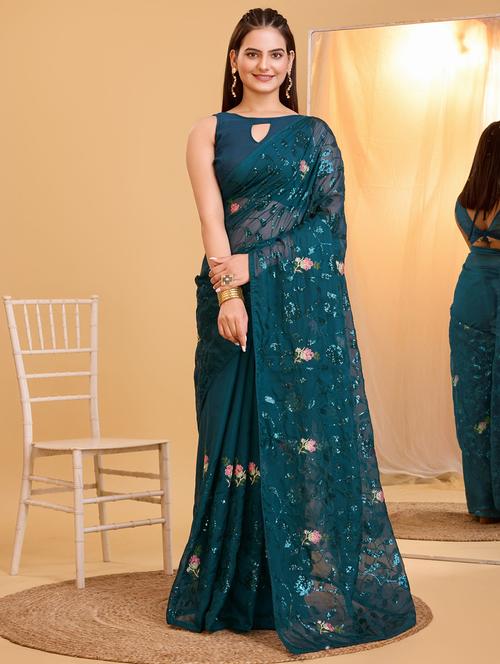 teal organza embroidered saree with blouse - 21139828 - Very Small Image - 1