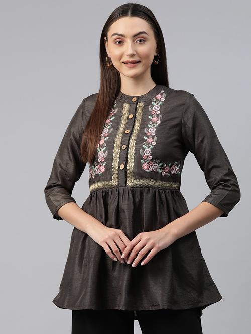 brown embroidered detailed kurti - 21142493 - Very Small Image - 1