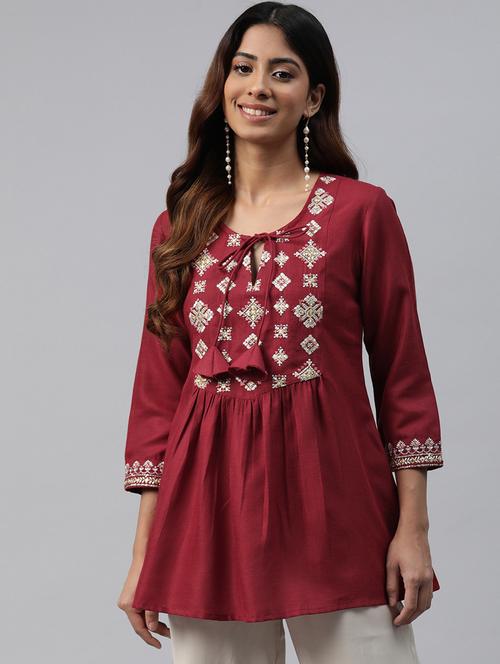 maroon embroidered detailed kurti - 21142526 - Very Small Image - 1