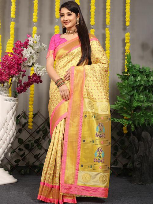 yellow self design banarasi saree - 21144677 - Very Small Image - 1
