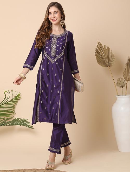 women purple embroidered three quarter sleeve kurta pantt set - 21144983 - Very Small Image - 1