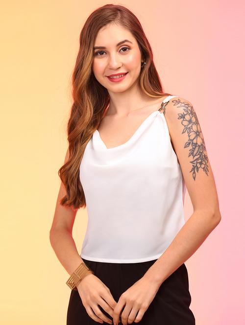 globus women white cowl neck strappy shoulder patry top - 21145044 - Very Small Image - 1