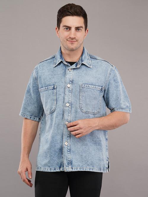 solid light blue denim casual shirt - 21145167 - Very Small Image - 1