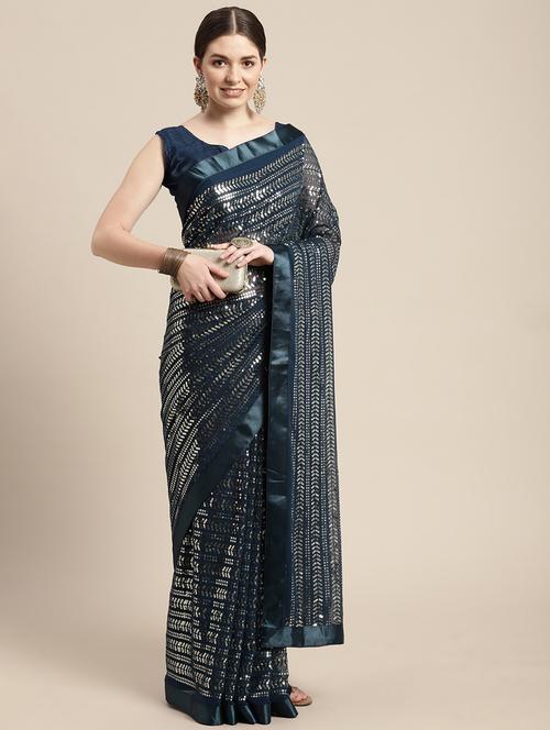 teal sequin embroidered saree with blouse - 21150300 - Very Small Image - 1