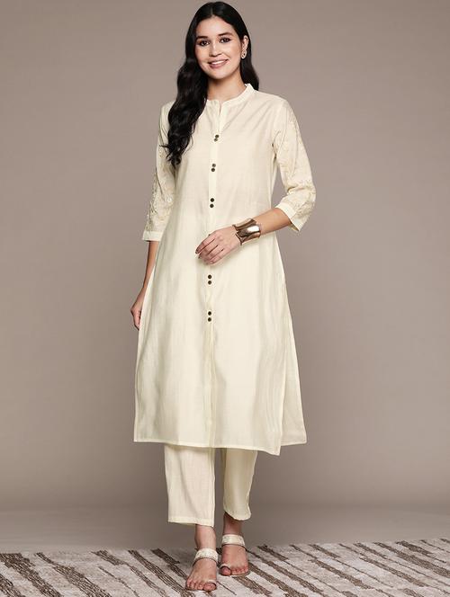 women off-white mandarin neck kurta pant set - 21150560 - Very Small Image - 1