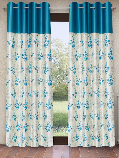 Blue 2 Pieces Solid Patch Bloom Burst Eyelet Polyester Door Curtains - 21150604 - Very Small Image - 1