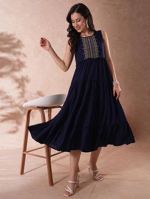 globus women navy embroidered yoke gathered tiered fit & flare maxi dress - 21150661 - Very Small Image - 1