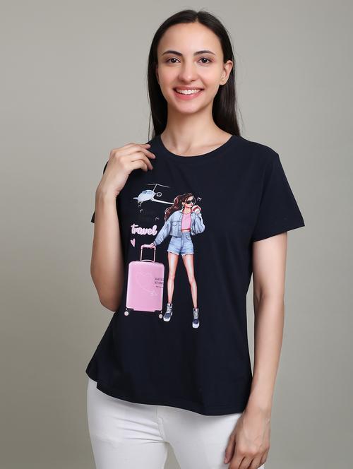 women front print round neck t-shirt - 21155482 - Very Small Image - 1