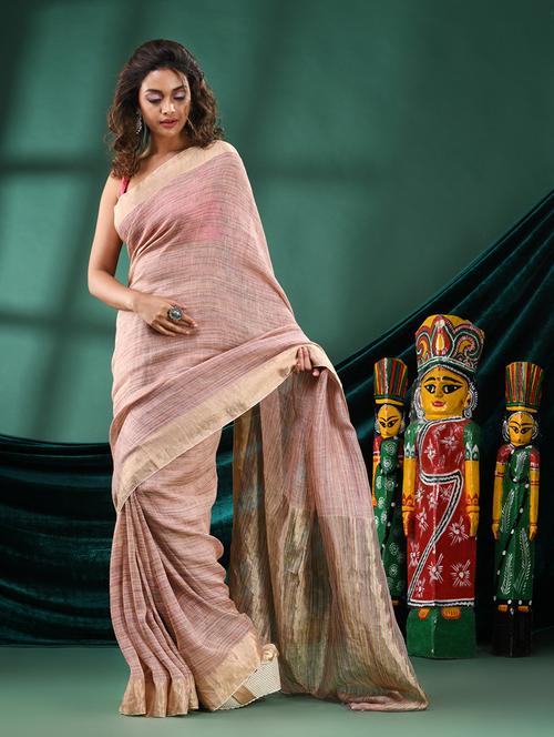 peach linen handloom saree with blouse - 21161446 - Very Small Image - 1