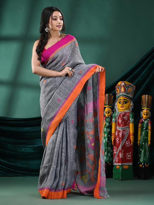 grey linen handloom saree with blouse - 21161466 - Very Small Image - 1