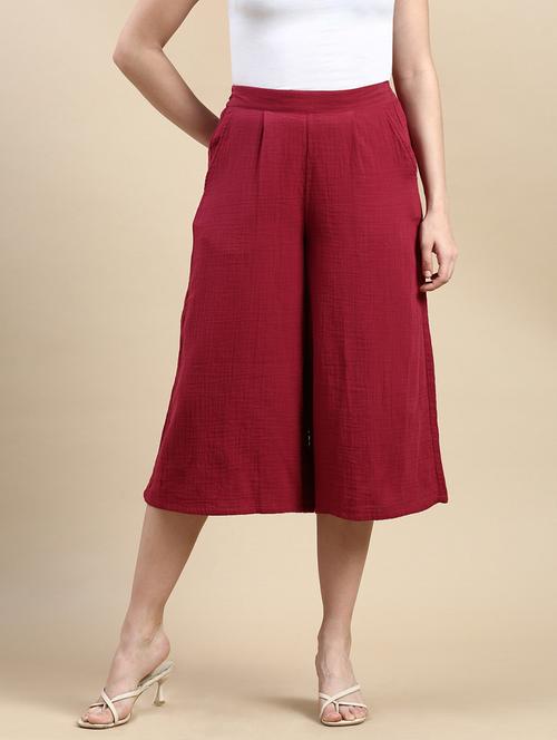 maroon cotton culottes trouser - 21162021 - Very Small Image - 1