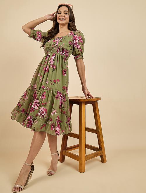 green georgette fit & flare dress - 21169875 - Very Small Image - 1