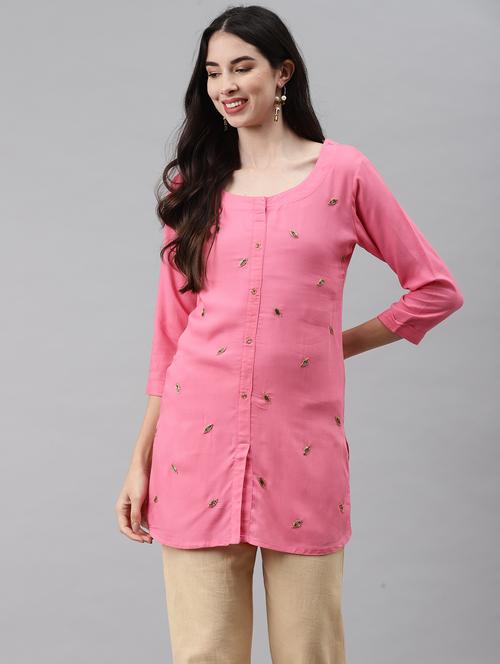 pink viscose front slit kurta - 21170828 - Very Small Image - 1