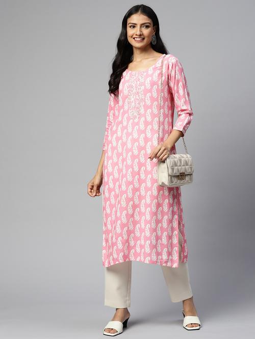 pink cotton blend straight kurta - 21170873 - Very Small Image - 1