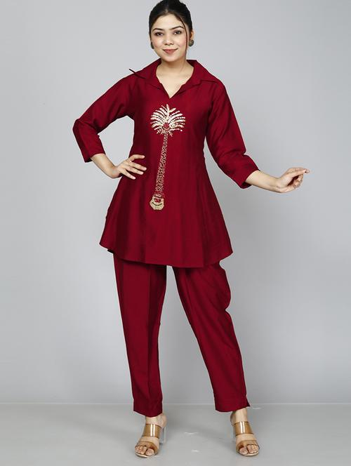 maroon embroidered co-ord set - 21171437 - Very Small Image - 1