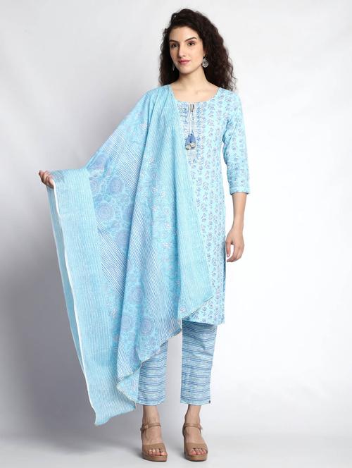 light blue kurta pant set with dupatta - 21171668 - Very Small Image - 1