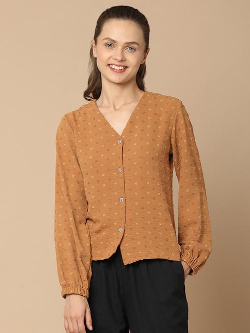 women brown self design v-neck top - 21176579 - Very Small Image - 1