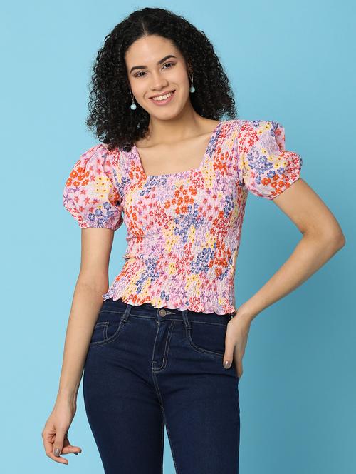 women floral print puff sleeves crop top - 21176599 - Very Small Image - 1