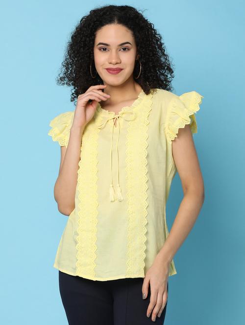 women solid tie up neck lace detailed top - 21176602 - Very Small Image - 1