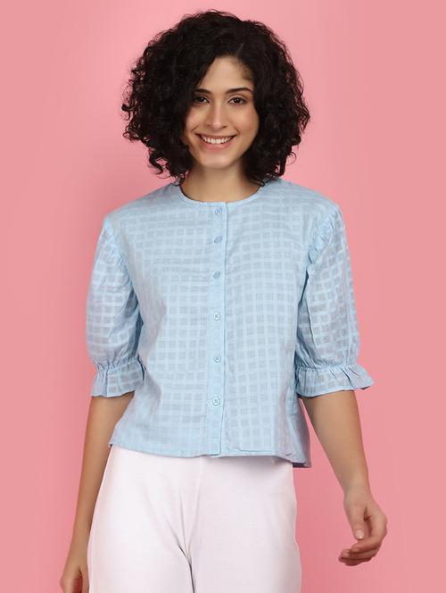 women light blue round neck self design top - 21176604 - Very Small Image - 1