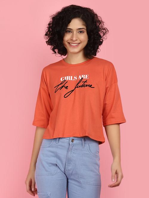 women chest print round neck t-shirt - 21176876 - Very Small Image - 1