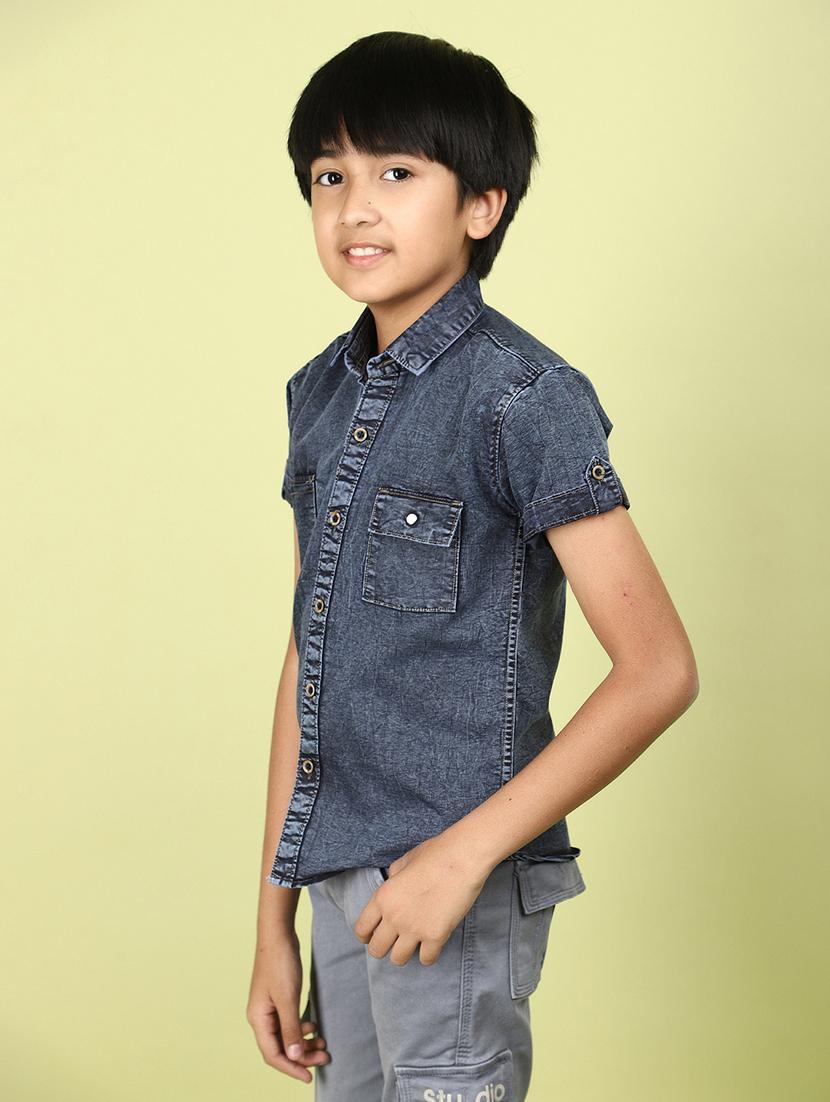 boys blue solid denim shirt - 21177335 - Standard Image - 2