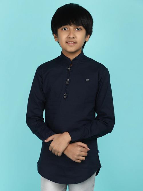 navy blue solid cotton short kurta - 21177343 - Very Small Image - 1