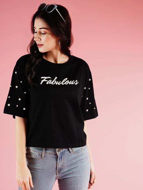 globus women black studded & typography printed drop shoulder boxy t-shirt - 21178352 - Very Small Image - 1