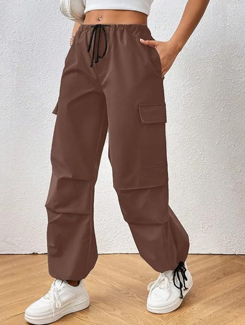 women solid high rise relaxed fit cargo - 21180154 - Very Small Image - 1