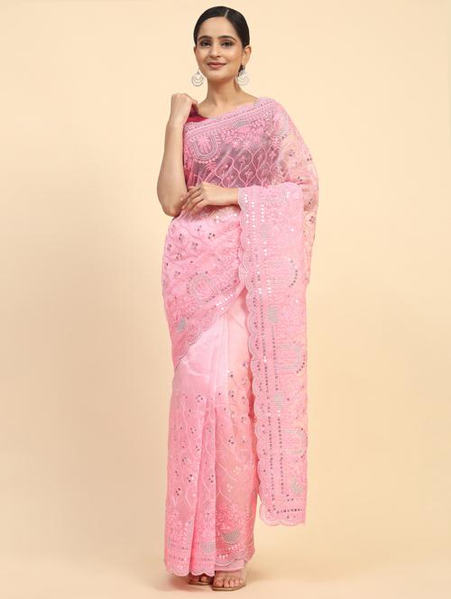 women pink sequin work embroidered saree with blouse - 21184159 - Very Small Image - 1