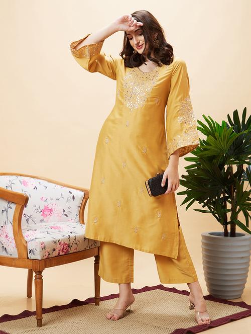 globus women yellow embroidered bell sleeve straight kurta & wide leg trouser set - 21193422 - Very Small Image - 1