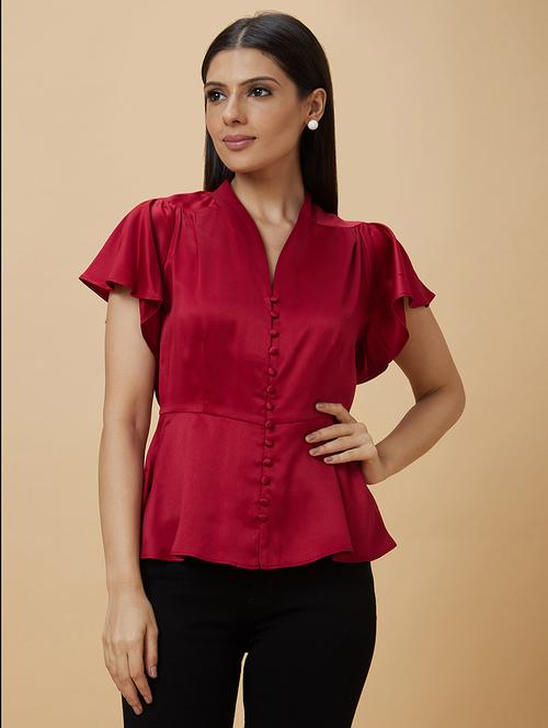 globus women red v neck flutter sleeve peplum party top - 21193432 - Very Small Image - 1