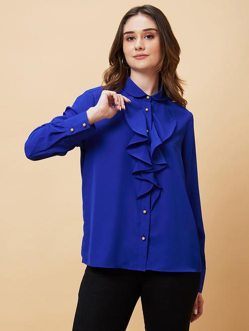 globus women blue cuffed sleeves ruffles shirt style top - 21193439 - Very Small Image - 1