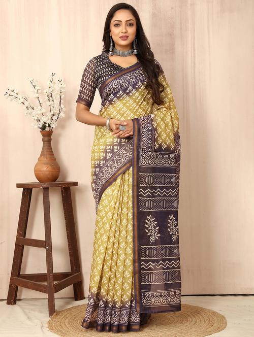 yellow printed saree with blouse - 21218101 - Very Small Image - 1